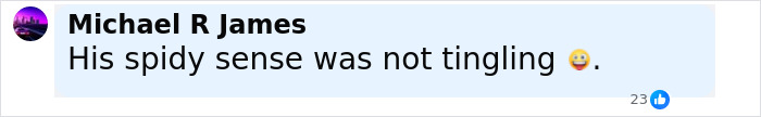 Comment saying his spidy sense was not tingling with a smiling face emoji and 23 reactions on social media post. Comment saying his spidy sense was not tingling with a smiling face emoji and 23 reactions on social media post.