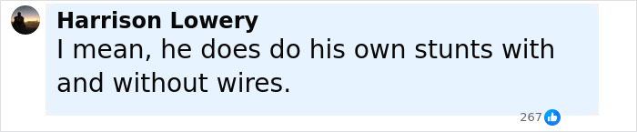 Comment on social media post by Harrison Lowery discussing Spider-Man stunts, mentioning Tom Holland’s head injury incident. Comment on social media post by Harrison Lowery discussing Spider-Man stunts, mentioning Tom Holland’s head injury incident.