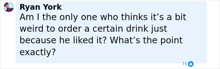 Comment by Ryan York questioning the logic of ordering Charlie Kirk's favorite Starbucks drink due to hidden hate message discovery.