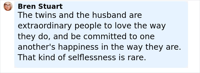 Comment text discussing the love and commitment of conjoined twins Abby and Brittany and their husband.