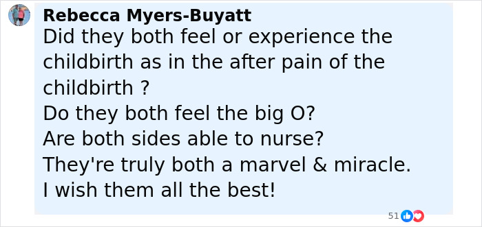 Screenshot of a social media comment discussing the experience and motherhood of conjoined twins Abby and Brittany.