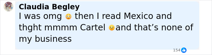 User comment mentioning shock about Mexico and cartel, related to the body of influencer Esmeralda Ferrer Garibay found in abandoned car. User comment mentioning shock about Mexico and cartel, related to the body of influencer Esmeralda Ferrer Garibay found in abandoned car.