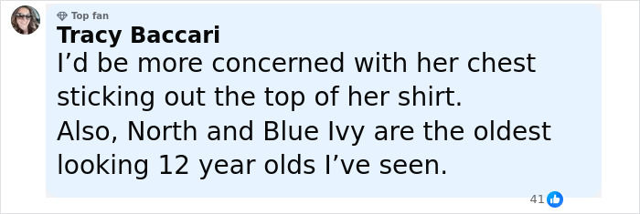 Facebook comment from Tracy Baccari expressing concern about North West and Blue Ivy&rsquo;s appearance at age 12.
