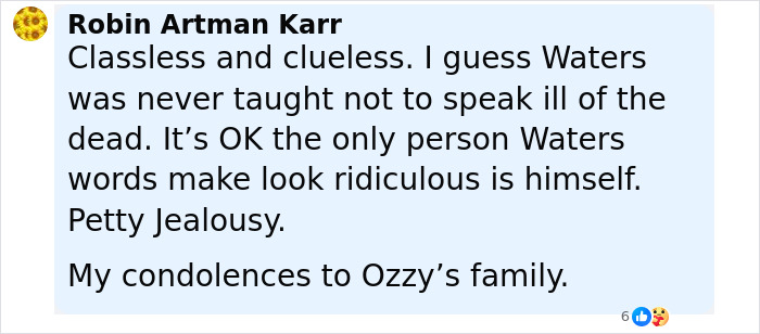 Screenshot of a social media comment criticizing Roger Waters for blasting the late Ozzy Osbourne, with his son firing back. Screenshot of a social media comment criticizing Roger Waters for blasting the late Ozzy Osbourne, with his son firing back.