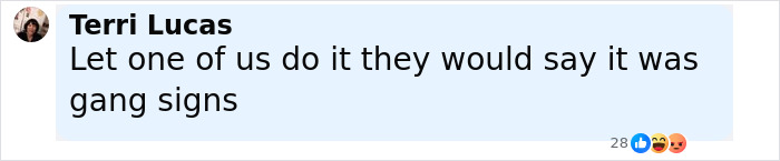 Comment by Terri Lucas discussing gestures and gang signs, related to Erika Kirk's funeral gesture controversy.