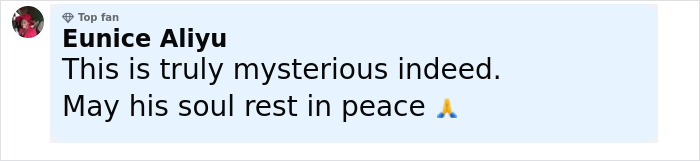 Comment from Eunice Aliyu expressing condolences after hiker’s tragic last text revealed and lifeless on 13,000ft mountain. Comment from Eunice Aliyu expressing condolences after hiker’s tragic last text revealed and lifeless on 13,000ft mountain.