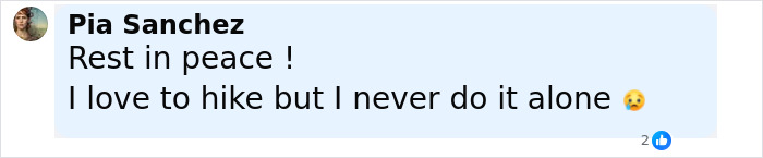 Facebook comment from Pia Sanchez expressing love for hiking but caution about doing it alone after hiker’s tragic last text revealed. Facebook comment from Pia Sanchez expressing love for hiking but caution about doing it alone after hiker’s tragic last text revealed.
