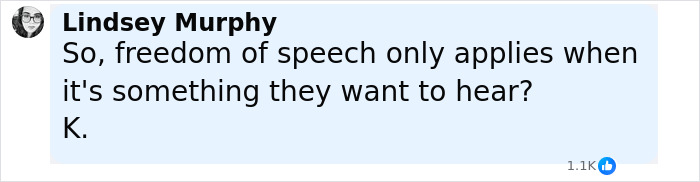 Comment by Lindsey Murphy questioning freedom of speech in response to Jimmy Kimmel's show suspension and Hollywood reactions. Comment by Lindsey Murphy questioning freedom of speech in response to Jimmy Kimmel's show suspension and Hollywood reactions.