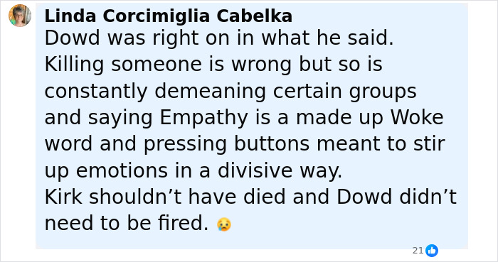 Facebook comment discussing NBC analyst Dowd’s firing and remarks about Charlie Kirk with an emoji reacting sadly. Facebook comment discussing NBC analyst Dowd’s firing and remarks about Charlie Kirk with an emoji reacting sadly.
