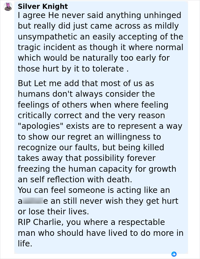 Commenter Silver Knight sharing views on a fired NBC analyst’s horrendous remarks about Charlie Kirk and expressing sympathy. Commenter Silver Knight sharing views on a fired NBC analyst’s horrendous remarks about Charlie Kirk and expressing sympathy.