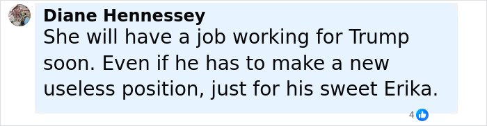 Comment by Diane Hennessey speculating about Erika Kirk working for Donald Trump, displayed on a social media platform.
