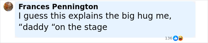 Comment by Frances Pennington about a big hug and daddy on stage, related to Erika Kirk's past connection to Donald Trump.