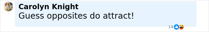 Carolyn Knight commenting on a social media post with text about opposites attracting, in a casual chat. Carolyn Knight commenting on a social media post with text about opposites attracting, in a casual chat.