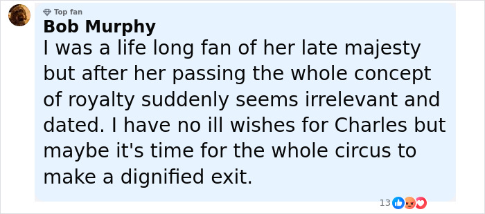 Comment by Bob Murphy expressing views on King Charles, mentioning royalty, cancer, and a dignified exit.