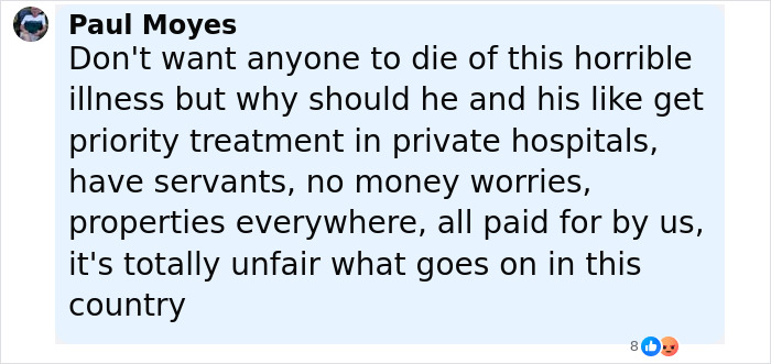 Facebook comment by Paul Moyes expressing frustration over priority treatment and privileges related to King Charles' incurable cancer update.
