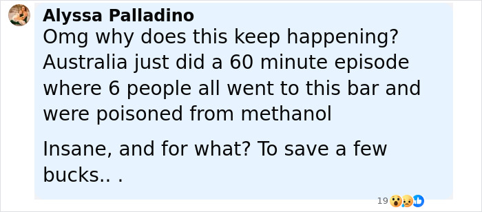 Social media comment expressing shock over multiple poisonings from methanol-tainted limoncello affecting newly engaged couple.