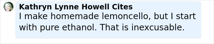 Person named Kathryn Lynne Howell discussing making homemade limoncello using pure ethanol, highlighting risks linked to poisoned limoncello.