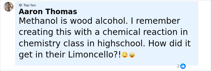Comment by Aaron Thomas explaining methanol as wood alcohol and questioning how it got into the poisoned Limoncello drink.