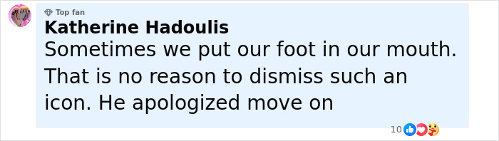 Comment from a social media user discussing apology related to college band announcer bodyshaming plus-size dancers controversy.