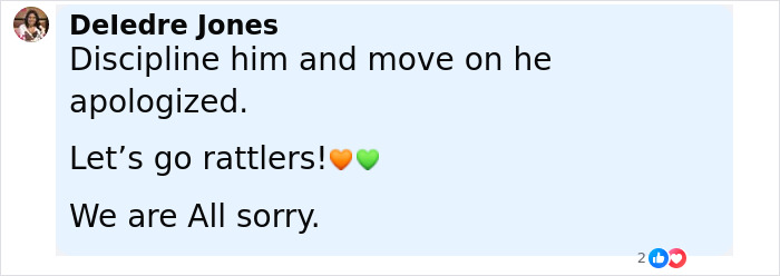 Comment from Deledre Jones apologizing for college band announcer bodyshaming plus-size dancers during half time.