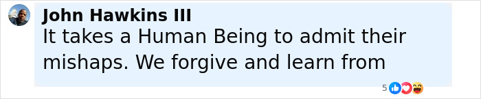 Screenshot of a social media comment where John Hawkins III apologizes for a previous mistake regarding college band announcer bodyshaming dancers.