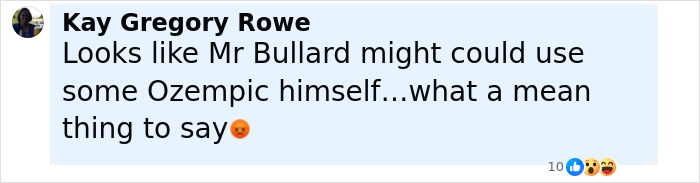 Comment from Kay Gregory Rowe criticizing a mean statement related to a college band announcer bodyshaming plus-size dancers.