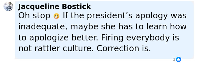 Facebook comment by Jacqueline Bostick reacting to college band announcer bodyshaming plus-size dancers backlash apology.
