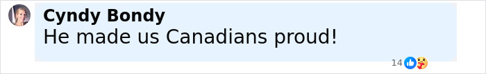 Comment from Cyndy Bondy expressing pride in Canadians, referencing John Candy in a social media post. Comment from Cyndy Bondy expressing pride in Canadians, referencing John Candy in a social media post.