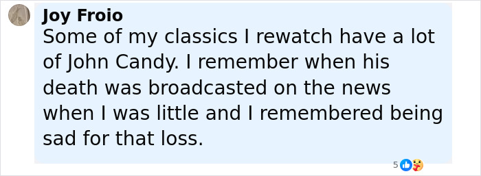 Screenshot of a social media comment reflecting on John Candy’s impact and remembering his death and legacy. Screenshot of a social media comment reflecting on John Candy’s impact and remembering his death and legacy.