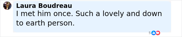 Comment from Laura Boudreau praising someone as a lovely and down to earth person in a social media post. Comment from Laura Boudreau praising someone as a lovely and down to earth person in a social media post.