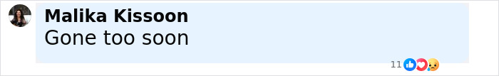 Malika Kissoon commenting Gone too soon on social media post about Macaulay Culkin and John Candy. Malika Kissoon commenting Gone too soon on social media post about Macaulay Culkin and John Candy.
