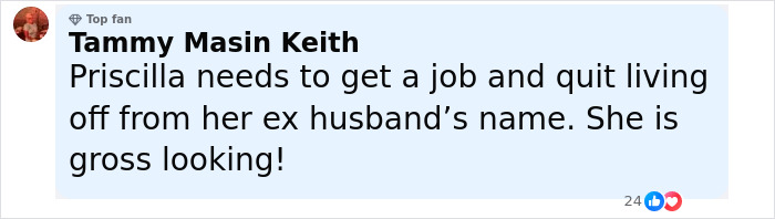 Facebook comment from Tammy Masin Keith criticizing Priscilla Presley amid lawsuit revealing Lisa Marie Presley&rsquo;s heartbreaking final moments.