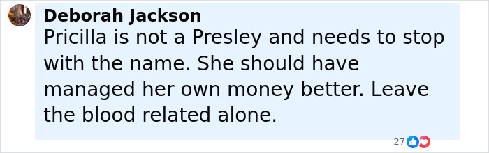 Comment from Deborah Jackson expressing opinions on Priscilla Presley and money management related to lawsuit discussions.