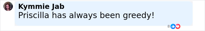 Comment saying Priscilla has always been greedy, discussing lawsuit revealing Lisa Marie Presley&rsquo;s heartbreaking final moments.