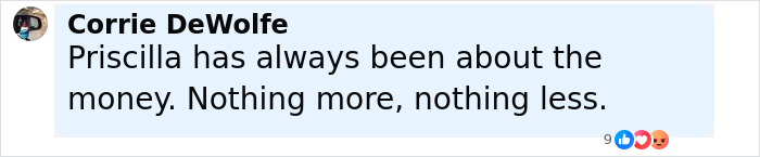 Comment by Corrie DeWolfe stating Priscilla has always been about the money in a social media post.