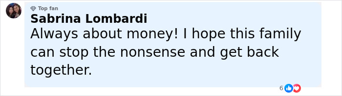 Comment from Sabrina Lombardi expressing hope for family unity amid lawsuit about money involving Lisa Marie Presley.