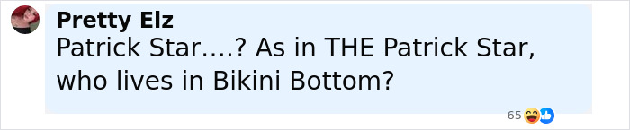 Screenshot of a Facebook comment discussing Patrick Star from Bikini Bottom in a casual online conversation.