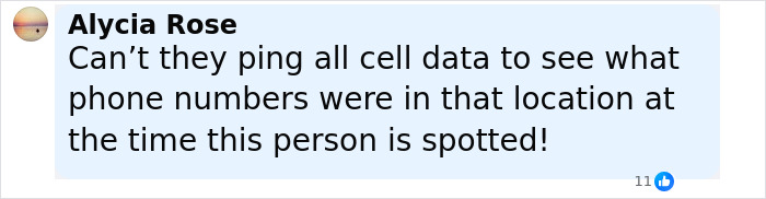 Comment by Alycia Rose questioning if cell data can track phone numbers at the location of the main suspect in the CCTV footage.