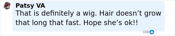 Facebook comment from Patsy VA claiming hair is a wig and expressing concern about Kate Middleton’s blonde hair. Facebook comment from Patsy VA claiming hair is a wig and expressing concern about Kate Middleton’s blonde hair.