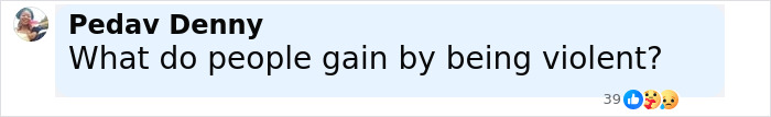 Comment from Pedav Denny asking what people gain by being violent, highlighting concerns about domestic violence victims.