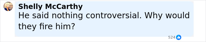 Screenshot of a Facebook comment by Shelly McCarthy questioning why the commentator who made unacceptable Charlie Kirk remarks was fired.