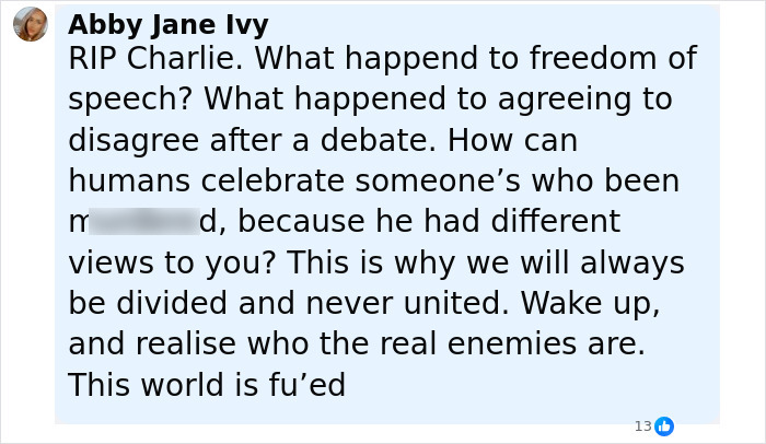 Comment by Abby Jane Ivy expressing grief over Charlie Kirk’s death and concerns about freedom of speech and division. Comment by Abby Jane Ivy expressing grief over Charlie Kirk’s death and concerns about freedom of speech and division.