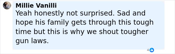 Comment from Millie Vanilli expressing sadness and support amid calls for tougher gun laws after Charlie Kirk incident. Comment from Millie Vanilli expressing sadness and support amid calls for tougher gun laws after Charlie Kirk incident.