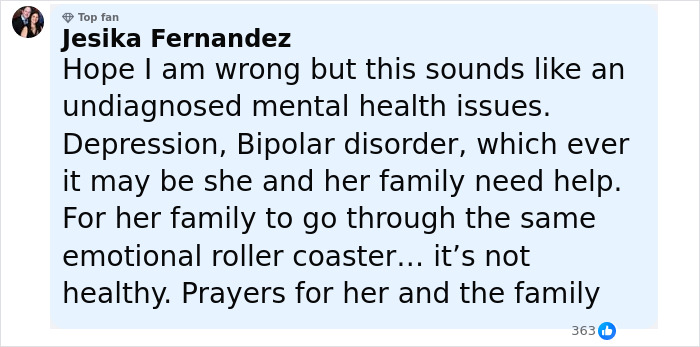 Comment by Jesika Fernandez expressing concern about possible undiagnosed mental health issues in missing mom of five. Comment by Jesika Fernandez expressing concern about possible undiagnosed mental health issues in missing mom of five.