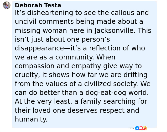 Alt text: Social media comment on missing mom of five in Jacksonville, highlighting community empathy and respect during search efforts. Alt text: Social media comment on missing mom of five in Jacksonville, highlighting community empathy and respect during search efforts.