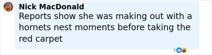 Comment by Nick MacDonald discussing someone making out with a hornets nest moments before taking the red carpet. Comment by Nick MacDonald discussing someone making out with a hornets nest moments before taking the red carpet.