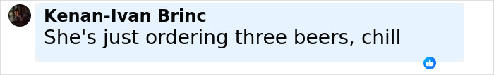 Comment by Kenan-Ivan Brinc saying she's just ordering three beers, chill, related to Erika Kirk's gesture during husband's funeral viral claim.