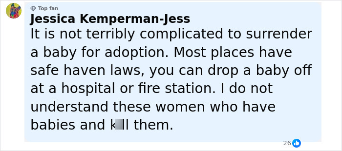 Comment by user Jessica Kemperman-Jess discussing surrendering babies for adoption and criticizing women who harm their newborns.
