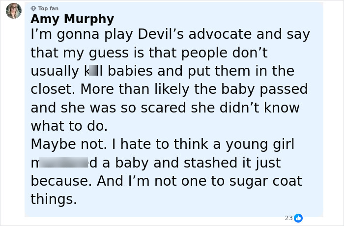 Comment discussing a cheerleader arrested after allegedly hiding the body of her newborn in a closet.