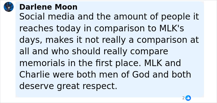 Comment comparing mass fury after Charlie Kirk's funeral to Martin Luther King Jr and John F Kennedy memorials.